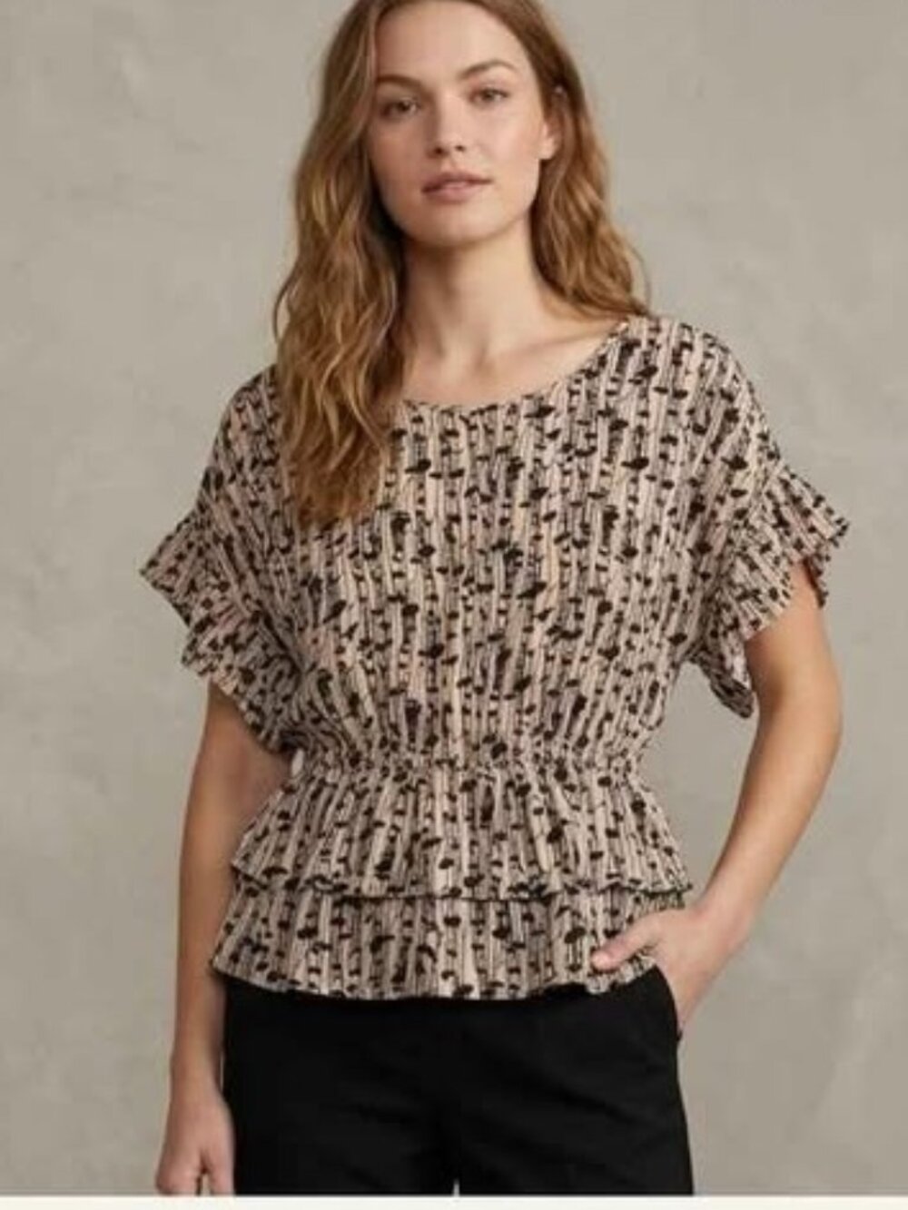 Cynthia Rowley Nude & Black Botanical Boho Peplum Blouse Flutter Sleeve SM